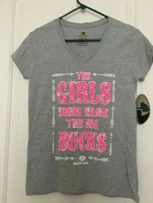 Mossy Oak Graphic T-Shirt Girls Bring Home Big Bucks Women's Size Small Gray thumbnail 1