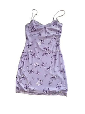 Purple Butterfly Print Babydoll Mini Slip Dress Lace Trim Y2K Fairycore Coquette thumbnail 2