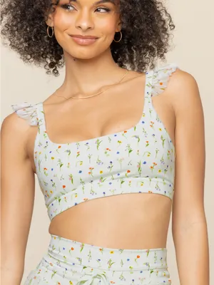 POPFLEX Romance Mesh Ruffle Sports Bra Meadow Floral Print Green XS NEW NWT thumbnail 1