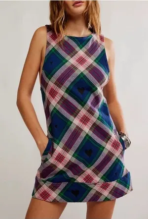 Free People Carven Plaid Mini Dress in Berry Combo S thumbnail 1