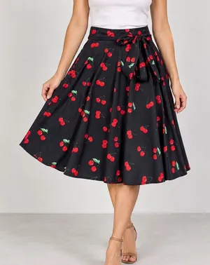 Belle Poque Black Cherry Print A-Line Swing Skirt Rockabilly Pin Up Size Large thumbnail 1