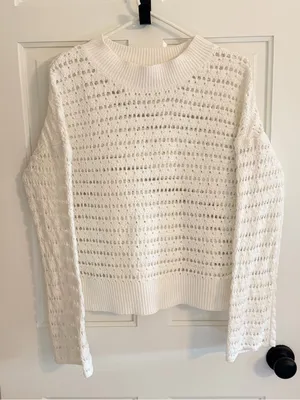 Evereve‎ White Open Knit Crochet Sweater Medium Cotton Blend Boho Coastal thumbnail 1