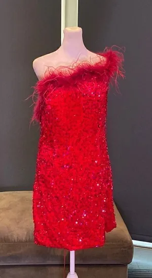 Women’s Pink Short Feather & Sequin One Shoulder Prom Party Dress Size 14 *READ thumbnail 1