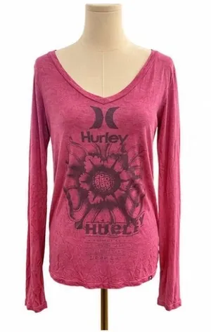 Hurley Women’s Pink Graphic Long Sleeve Tee Large Floral Logo Lightweight Shirt thumbnail 1