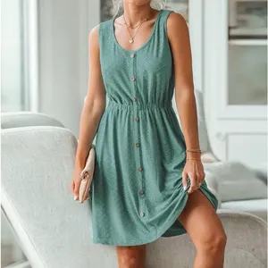 Women's Sleeveless Button Midi Dress Textured Eyelet Elastic Waist scoop Neck thumbnail 6