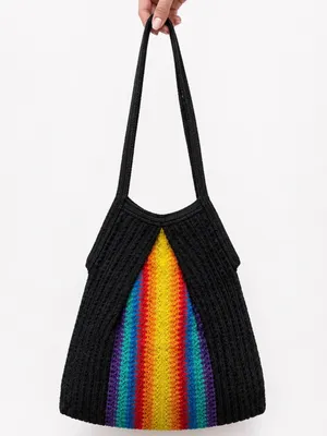 Vintage Rainbow Colorful Woven Shoulder Bag Black Bohemian Pride Hobo Tote thumbnail 5