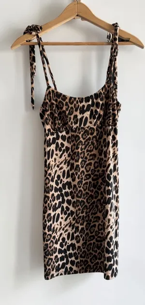 Audrey 3+1 Leopard Print Mini Dress Brown Black Tie Shoulder Medium NWOT thumbnail 1