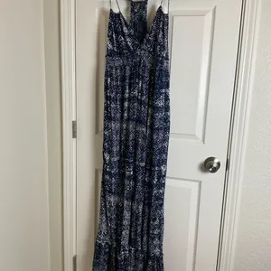 Lucky Brand John Robshaw Crochet Lace Back Maxi Dress Navy Blue White Small Boho thumbnail 3