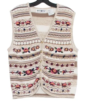 White Stag Cottagecore Sweater Vest Floral Embroidered Boho Grandma Fair Isle Nordic Large thumbnail 1