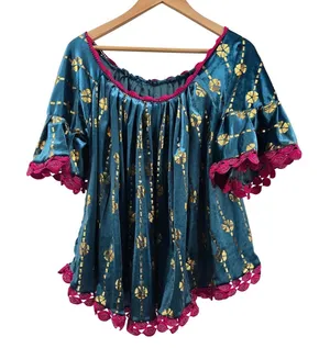 Blouse Womens M Boho Velvet Teal Gold Foil Crochet Trim EUC thumbnail 1