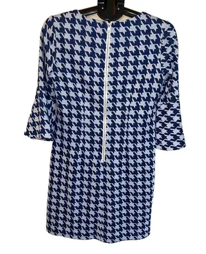 Tyler Boe Ponte Knit Bell Sleeve Blue Houndstooth Check Shift Dress Size S thumbnail 4