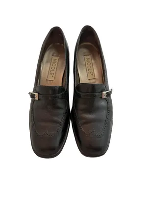 Nicole Shatter Black Leather Wingtip Buckle Loafer Heels Heel Toe Size 7 Women's thumbnail 8