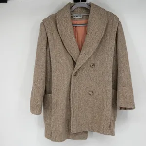 Herman Kay Vintage Herringbone Wool Blend Double Breasted‎ Coat Brown Tan USA thumbnail 2