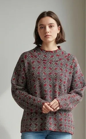 Anthropologie Maeve Sweater Medium Geometric Print Red Black Crew Neck Women thumbnail 1