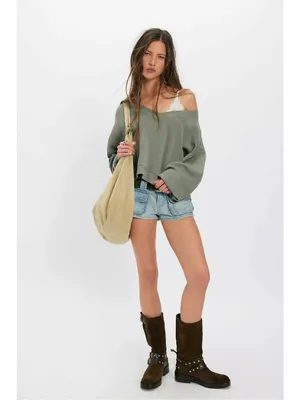Free People Oversized Comfort Zone V Neck Pullover Sweatshirt Basil Medium NWT thumbnail 3