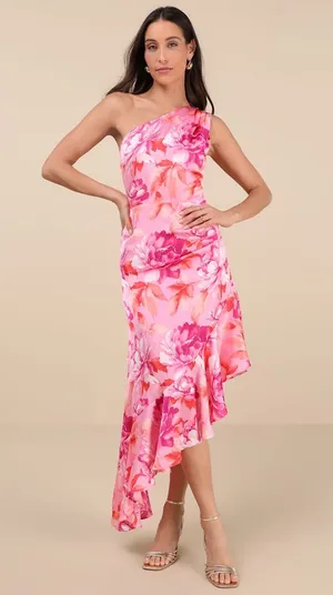 NWT Lulus Divinely Blooming Pink Multi Floral One-Shoulder Midi Dress Party XS thumbnail 1