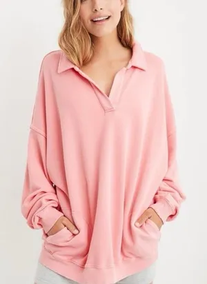 Aerie Happy Henley Everyday Polo Oversized Sweatshirt Size Medium thumbnail 1