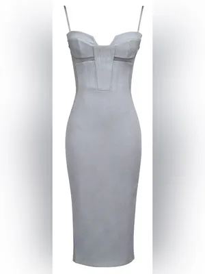 NEW House of CB KIKI Light Grey Mesh Panelled Bodycon Midi Dress sz S thumbnail 4