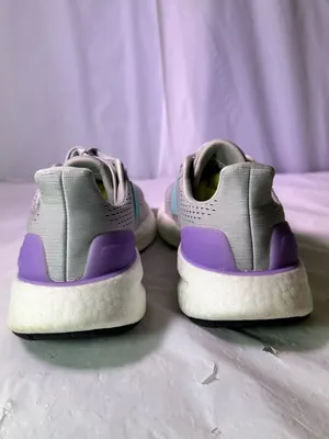 adidas Women's Light Gray Running Shoes with Aqua Stripes and Purple Heel Accent thumbnail 7