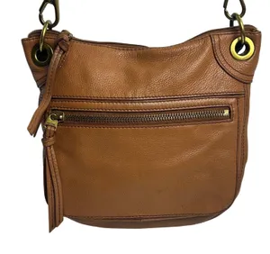 Fossil Cognac Brown Pebbled Leather Hobo Crossbody Bag Antique Brass Hardware thumbnail 1