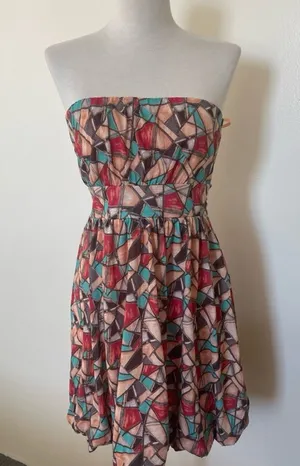 American Rag Strapless Geometric Print Dress in Red, Teal, Peach thumbnail 1