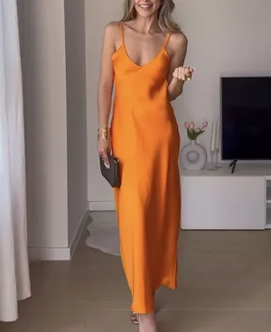 Zara dress maxi midi hot orange satin effect wedding party cocktail thumbnail 8