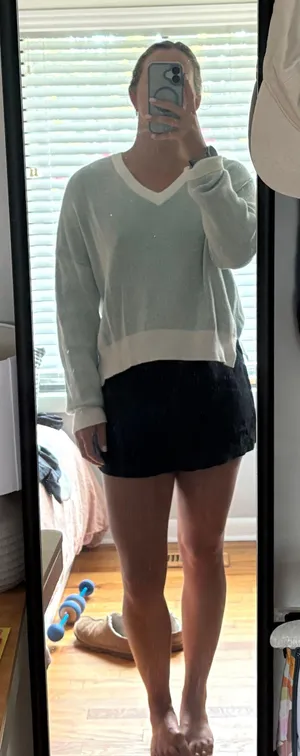 Nordstrom Von Maur cream and teal sweater thumbnail 1