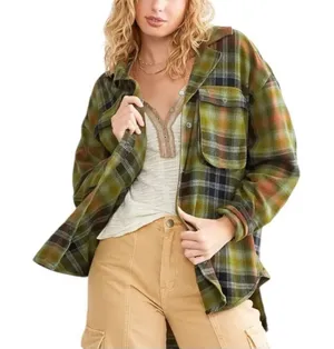 Free People We The Free Izzy Cargo Shirt plaid oversized Shacket Green Grunge M thumbnail 1