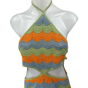 Zara Multicolor Halter Sleeveless Striped Crochet Knit Cutout Mini Dress Size S thumbnail 3