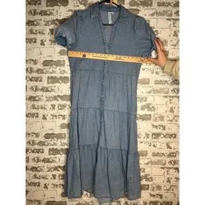 Grace + Karma | women denim button down dress puff sleeves thumbnail 6