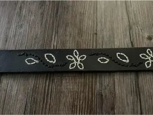 Y2K Women's Black Leather Belt with Embroidered Flowers Boho thumbnail 2