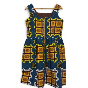 African Wax Print Fit and Flare Dress Blue Yellow Geometric Square Neck thumbnail 4