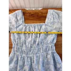 Free Assembly Floral Peplum Top Square Neck Smocked Waist Blue White Small thumbnail 6