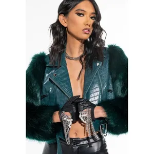 AZALEA WANG Nolla Faux Fur Arms Croc Moto Jacket Jade Green Vegan Leather Medium thumbnail 5