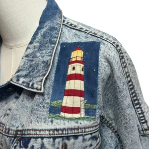 VTG 90s Ocean Denim Acid Wash Lighthouse Jacket Scenic Art Oversized XL thumbnail 6