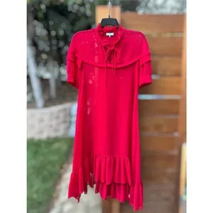 Sandro Paris Joy Rouge Écarlat Ruffled Midi Dress Red Sheer Romantic 38- US 6 thumbnail 3