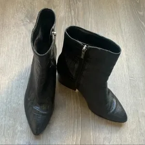 1 state Black Women's Jahmil Croc Embossed Leather High Block Heel Booties thumbnail 9