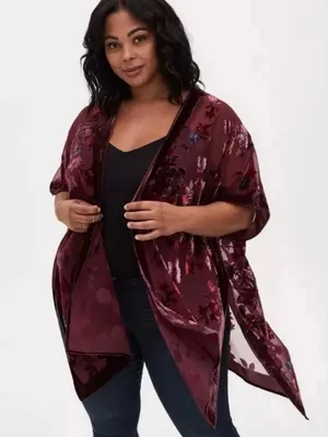 torrid Plum Floral Velvet Draped Kimono Wrap thumbnail 1