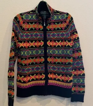 Ralph Lauren Active Full Zip Sweater Womens L Orange Multi Aztec Print Cotton thumbnail 1