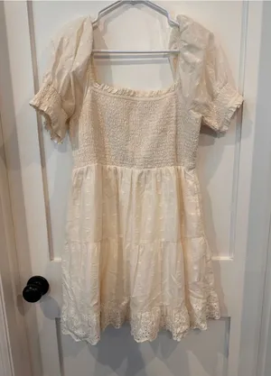 American Eagle Outfitters Cream Smocked Tiered Dress with Puff Sleeves thumbnail 1