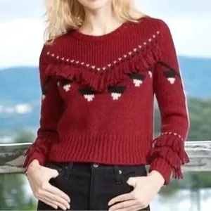 LoveShackFancy Atlas Fringe‎ Crop Red Baby Alpaca Wool Blend Sweater Size Small thumbnail 2