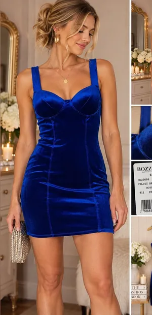 NWT Bozzolo Royal Blue Velvet Bodycon Mini Dress Size Large thumbnail 1