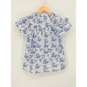 Entro Toile Flutter‎ Sleeve Blouse Womens Small White Blue Flutter Sleeve Ruffle thumbnail 9