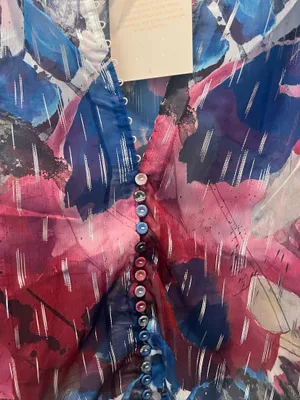 Sheer Printed Button-Front Blouse - Pink & Blue by Adrienne Landau Size L thumbnail 4