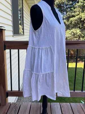 LUSH Sleeveless Notched V-neck Tiered Ruffle Cotton Mini Dress Sz Small Cream thumbnail 2