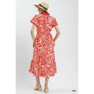 Umgee Paisley Print Midi Dress‎ with Side Pockets - Red - Small thumbnail 3