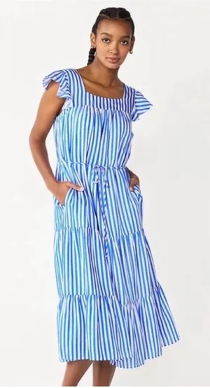 Draper‎ James RSVP Blue White Striped Tiered Midi Dress Ruffle Sleeve Small thumbnail 1
