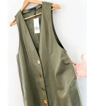 NEW ZARA Faux Leather Pinafore Dress Medium Sage Green Deep V Gold Buttons thumbnail 4