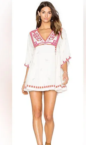 Free People Tulum Embroidered V-Neck mini boho peasant dress thumbnail 1