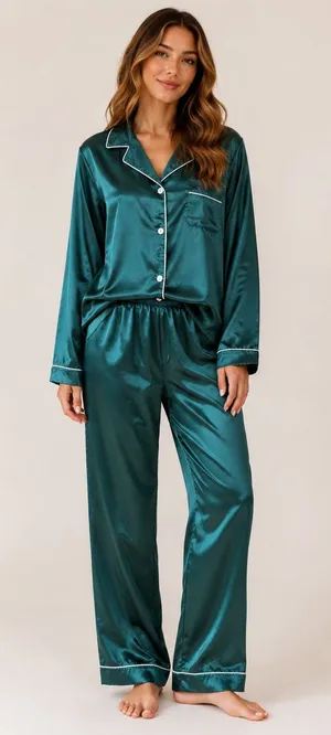 Emerald Satin Button Front Pajama Set Green Size XXL thumbnail 1